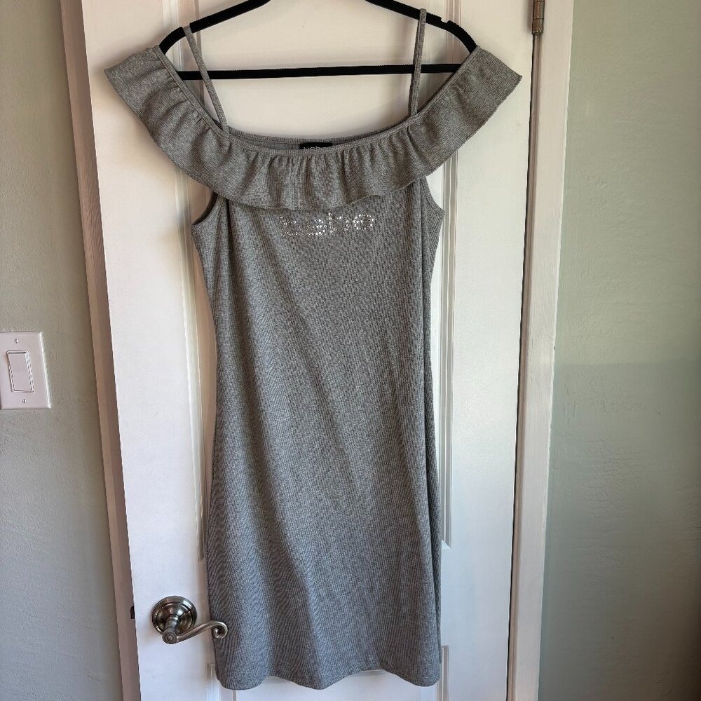 Bebe Mini Dress Gray Womens‎ Large Ruffle Off Shoulder Rhinestone Logo Ribbed - Picture 2 of 8
